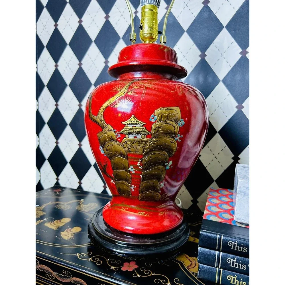 Pair Large Chinese Chinoiserie Red Lacquer Lamps Pagoda Shades Hollywood Regency